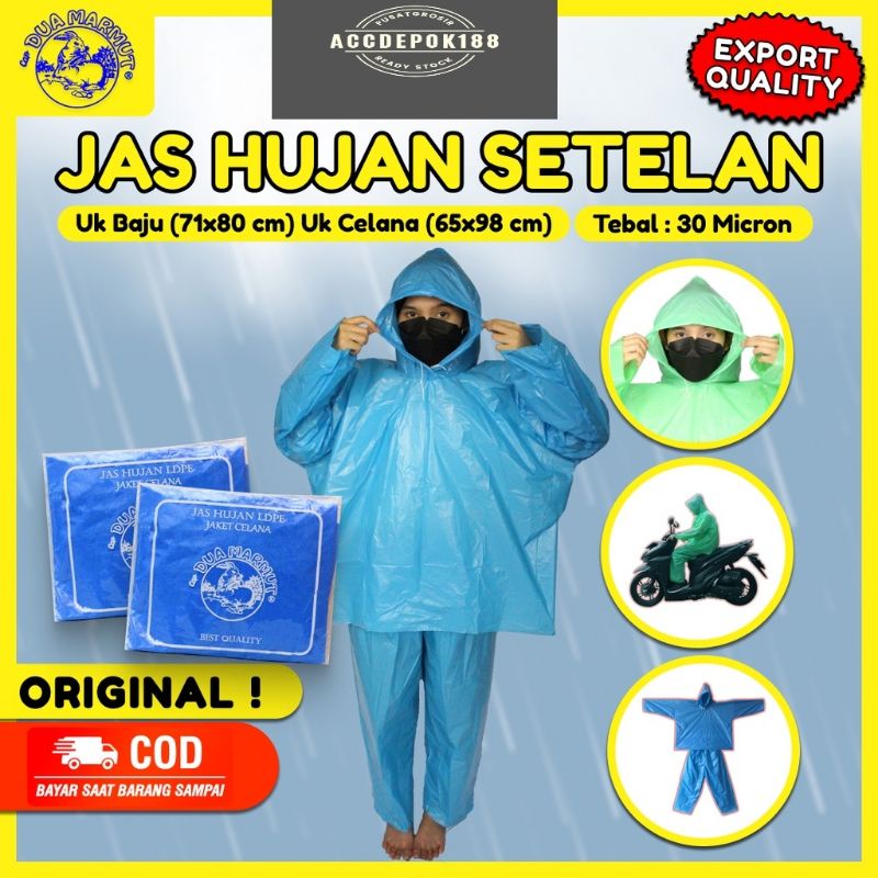 JAS HUJAN SET / PLASTIK JAS HUJAN BAJU + CELANA WARNA BIRU DAN HIJAU MUTU TERJAMIN