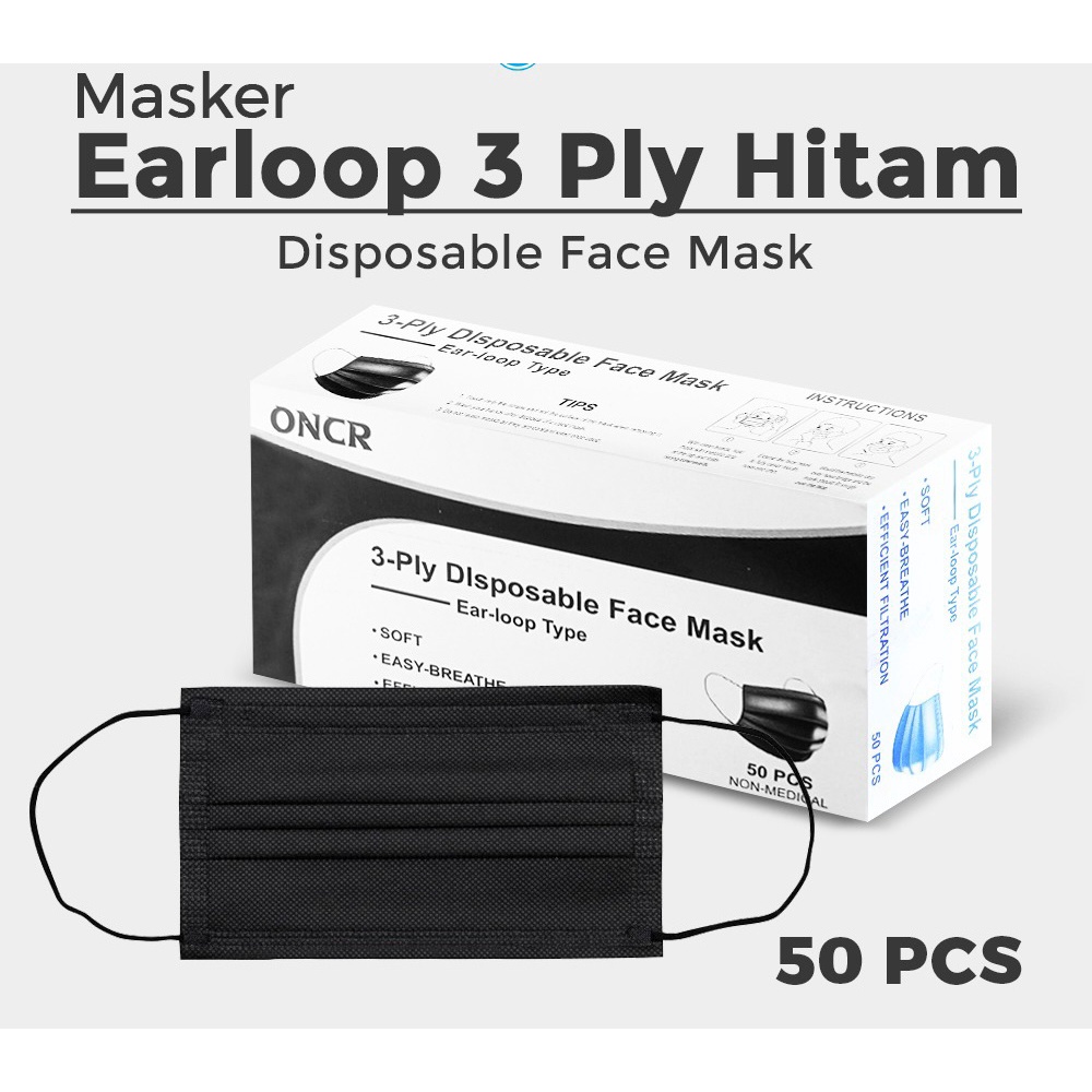 MASKER ONCARE 3PLY EARLOOP &amp; HIJAB FULL BLACK HITAM - PUTIH EDITION ISI 50