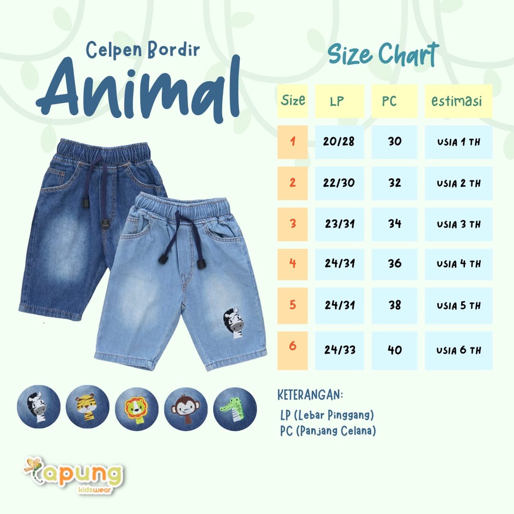 (Capung Kidswear) Celana Pendek Jeans Anak Animal Bordir (1-3 tahun)