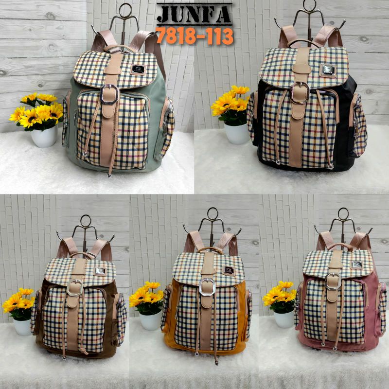 Tas ransel serut wanita junfa motif kotak kotak bahan parasut 7818-113