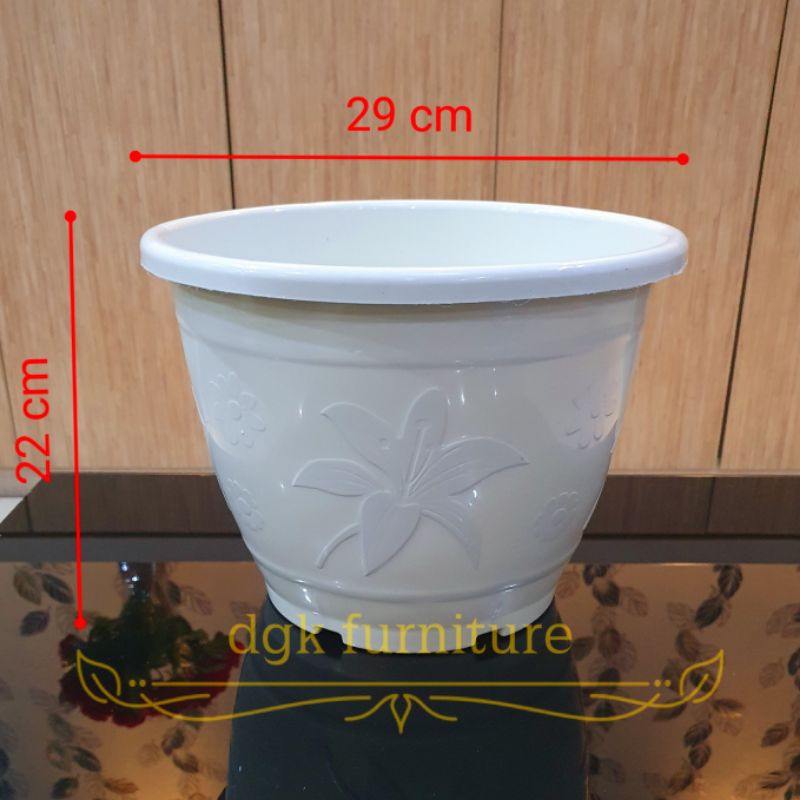 Pot Bunga Bulat Putih Motif Bunga Daun Plastik Nomor No 4 Diameter 29 cm TEBAL