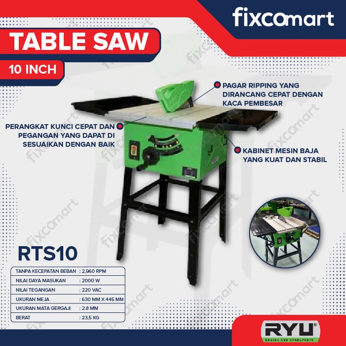 Ryu Table Saw 10 Inch Mesin Gergaji Kayu Meja Rts 10