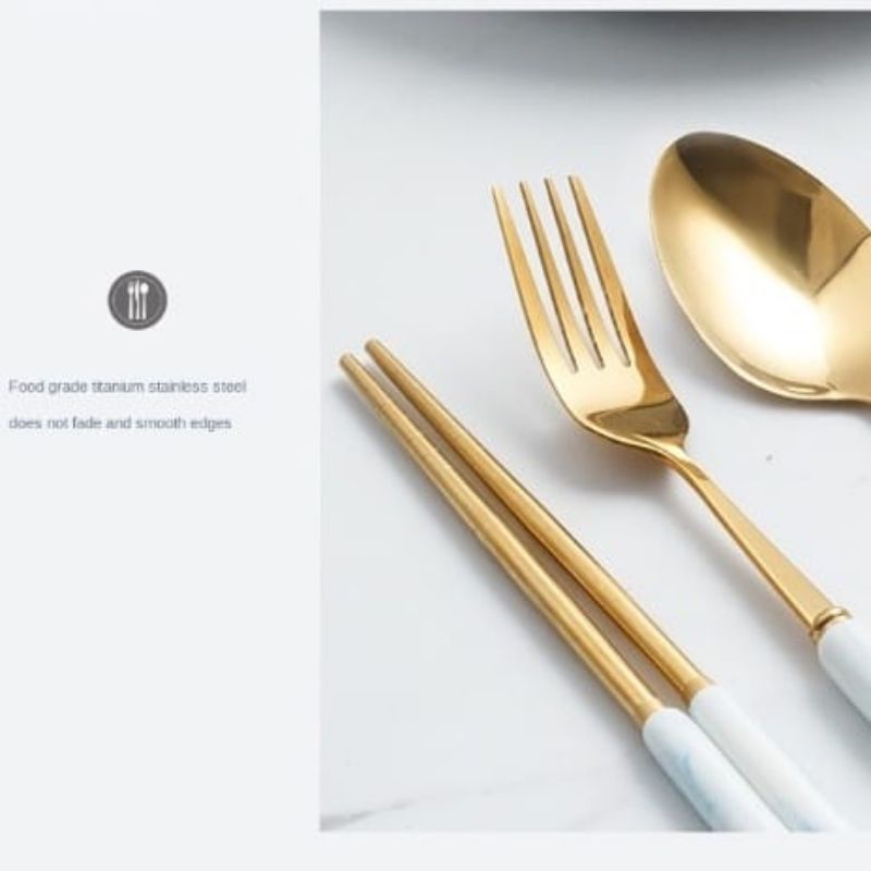 {DS} Set Sendok Garpu Sumpit Alat Makan Set Travel Set Marble Korea Gold