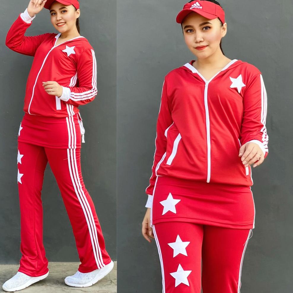 PGN.21Ja23ĸ ▪ Stelan Baju Senam Aerobic Zumba Outdoor Panjang Muslimah Hijab Cycling Rok Merah Putih