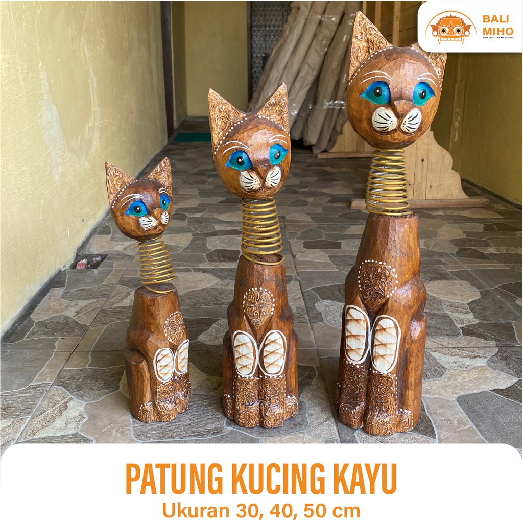 Patung Kucing Kepala Pegas 1 set 50 cm, 40 cm, 30 cm - Patung Kucing Kayu - Pajangan Kucing - Patung