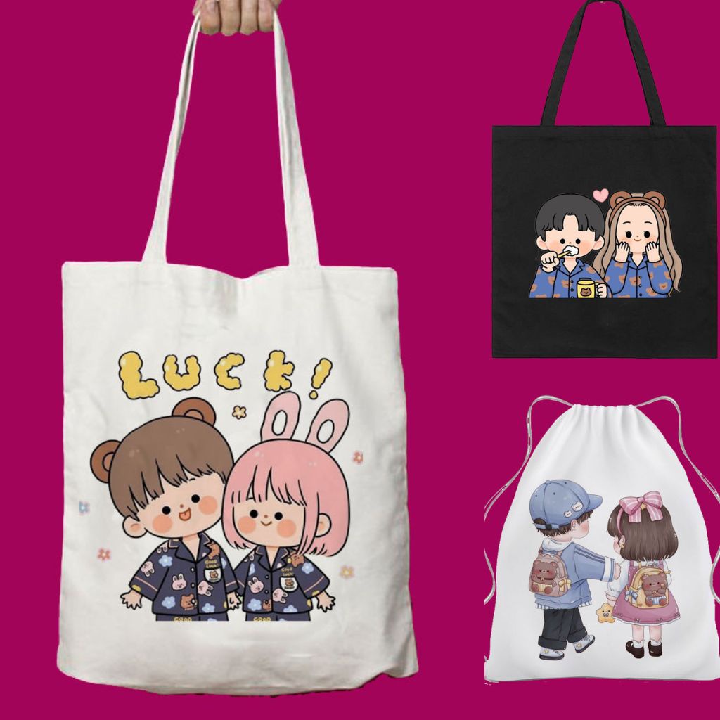 Totebag Tas Serut Hitam Tote Goodie String Bag Couple Wanita Tas Gendong Anti Air Kanvas Kuliah Kerj