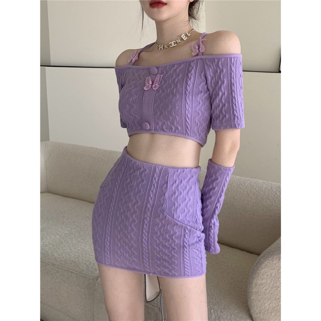 Red [Set dua potong] Gadis Korea keinginan murni gadis seksi kupu-kupu menggantung leher lengan pendek atasan lengan + setelan rok trendi