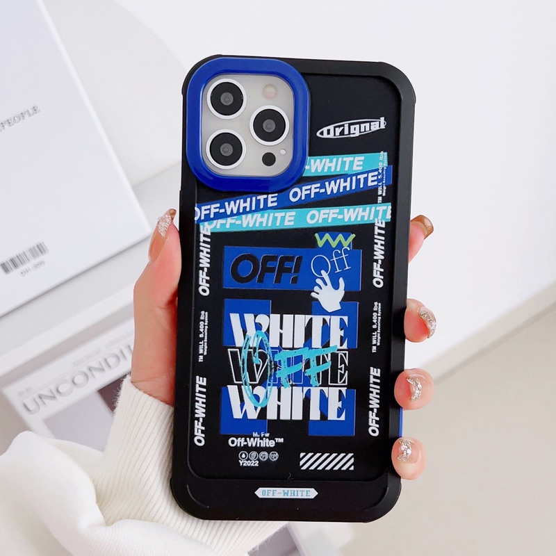 IPHONE Casing Kamera Plating Biru Dan Orange OFF WHITE Mewah Untuk Iphone14 13 12 11 Pro Max 14Plus Shockproof Armor Cover HD Bening Keras Akrilik Penutup Belakang