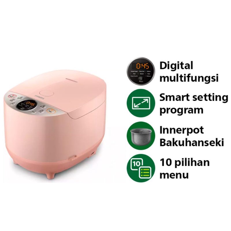 PHILIPS 1.8L Digital Rice Cooker HD4515/90 - 400Watt, Penanak Nasi 10 Menu