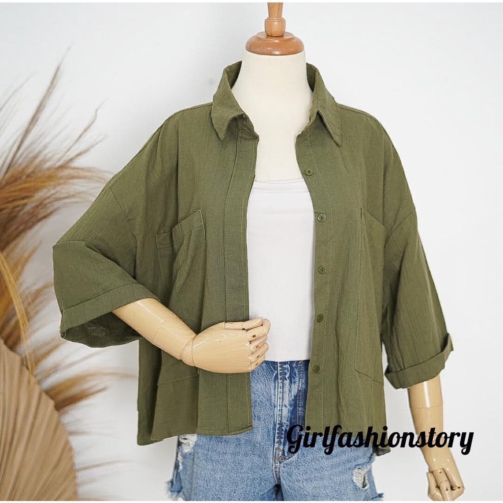 BEFAST - ZFS OOTD KEMEJA WANITA OLIVIA / MOSHIE LINEN CRINCLE OVERSIZE SHIRT / Fashion Kekinian Wanita Kerja / Hem Jumbo Lengan 3/4 / OOTD ALA Style Korean / Hem Oversize Terbaru / Pakaian Casual Wanita Remaja / Kemeja Polos Formal