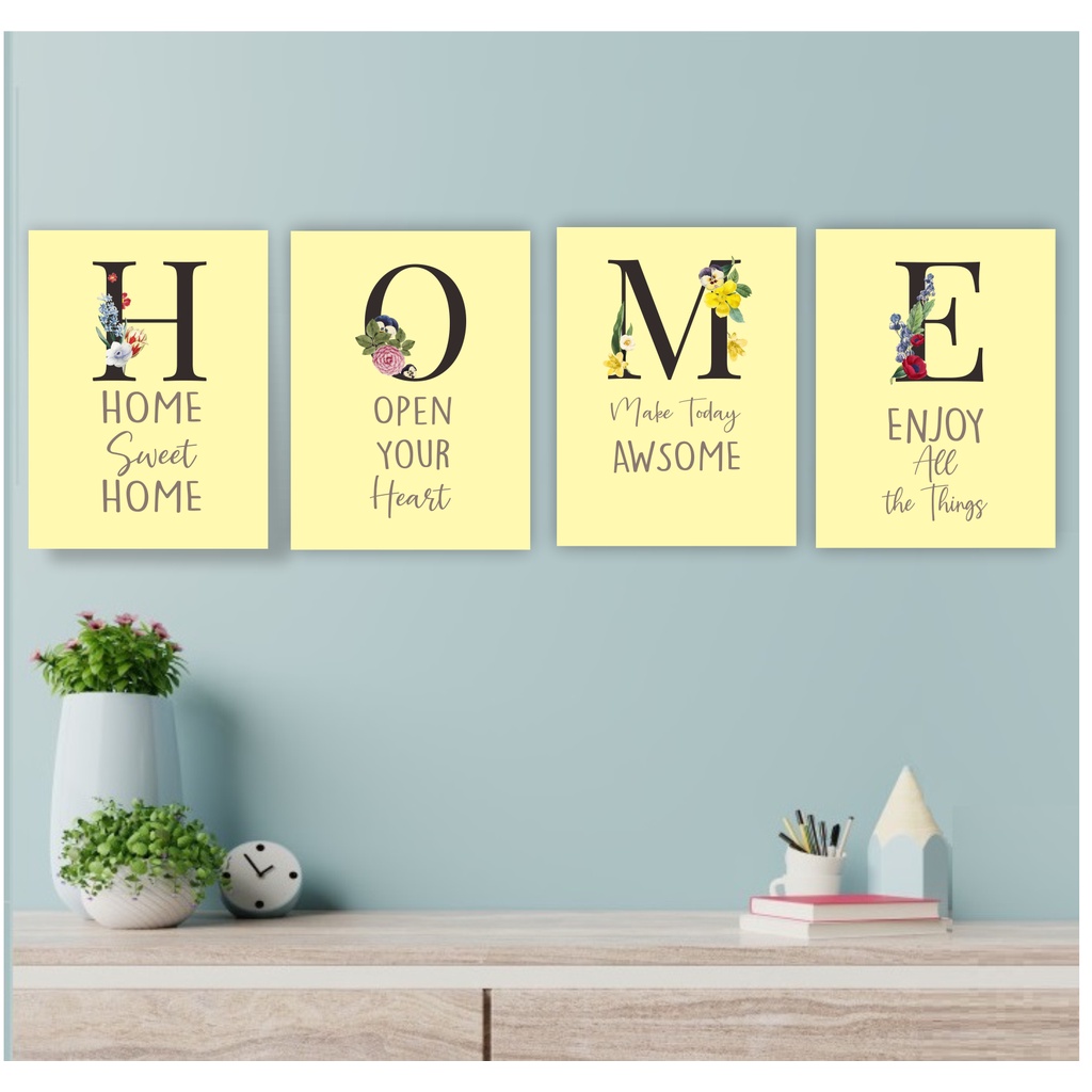 Frame Wall Decor Set Hiasan Dinding Paket Isi 4Pcs Aesthethic Minimalis Pajangan Rumah Dekorasi Poster Quotes Home Floral 3D Kayu Tebal  20 x 30 - 30 x 40