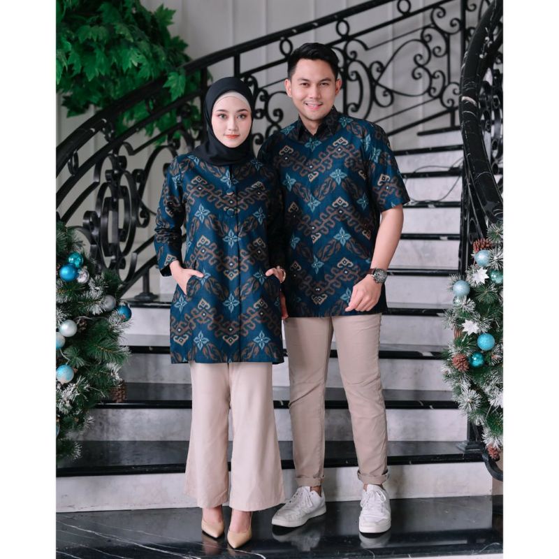 Batik couple sarimbit pria &amp; wanita batik bahan katun reguler songket navy