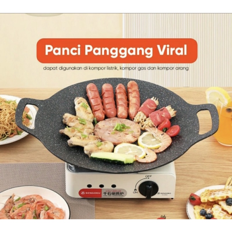 alat pemanggang non stick / tempat pemanggang bbq grill pan / panggangan / frypan hitam datar bulat 30cm 34cm 36cm 38cm