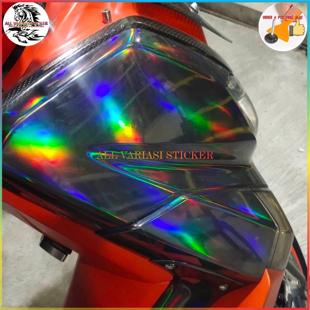 Skotlet stiker body motor hitam lazer crome pelangi