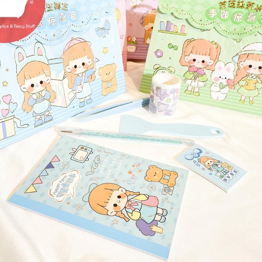 

T5D✺ Paket sticker Sz-65 dan alat tulis Paperbag model tas penjepit sticker pulpen solatip buku notes tulis hampers kado unik Barang Laris