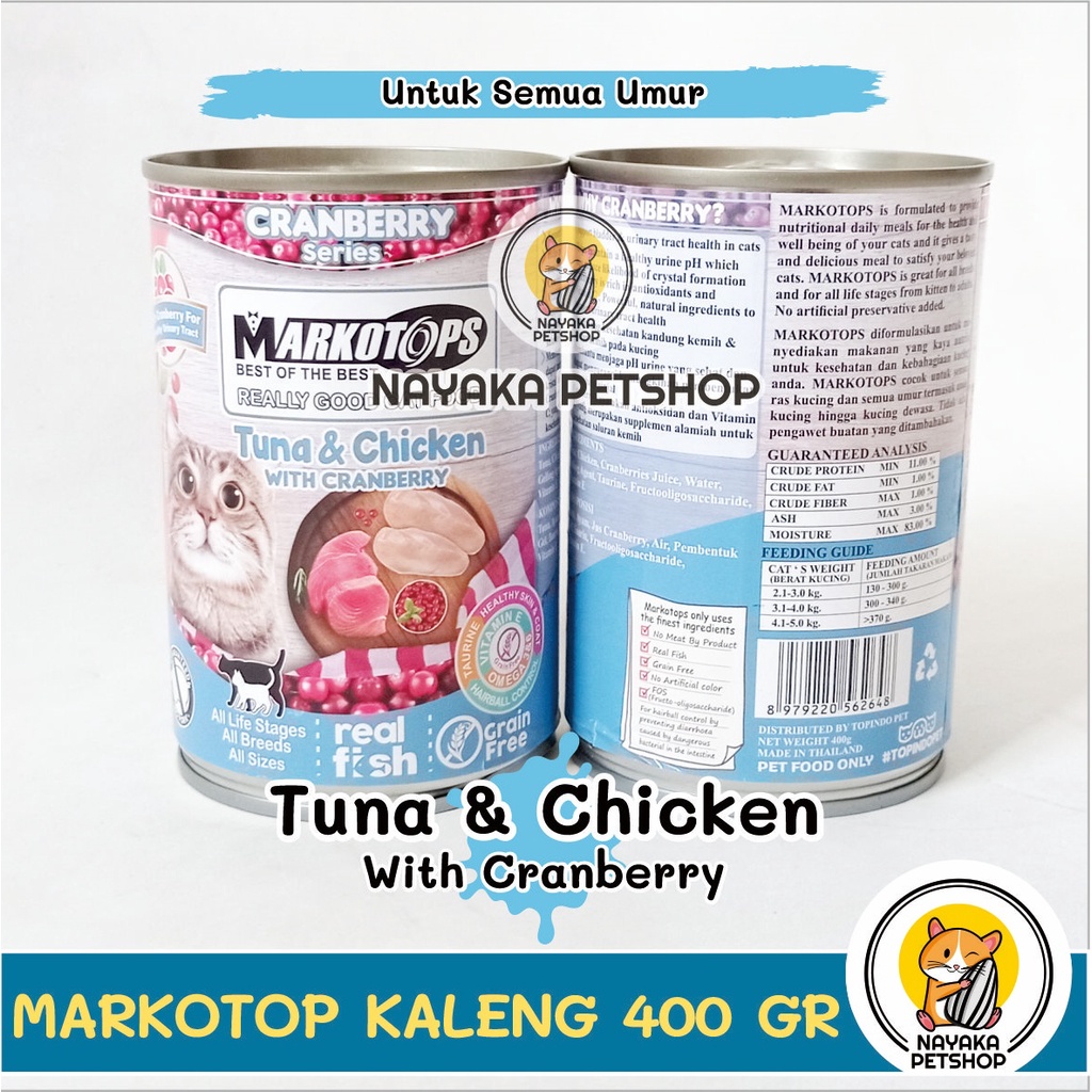 Markotops Kaleng 400 gr Adult Tuna &amp; Chicken Ayam Wet Food Makanan Kucing Basah Pakan Cranberry Series Markotop