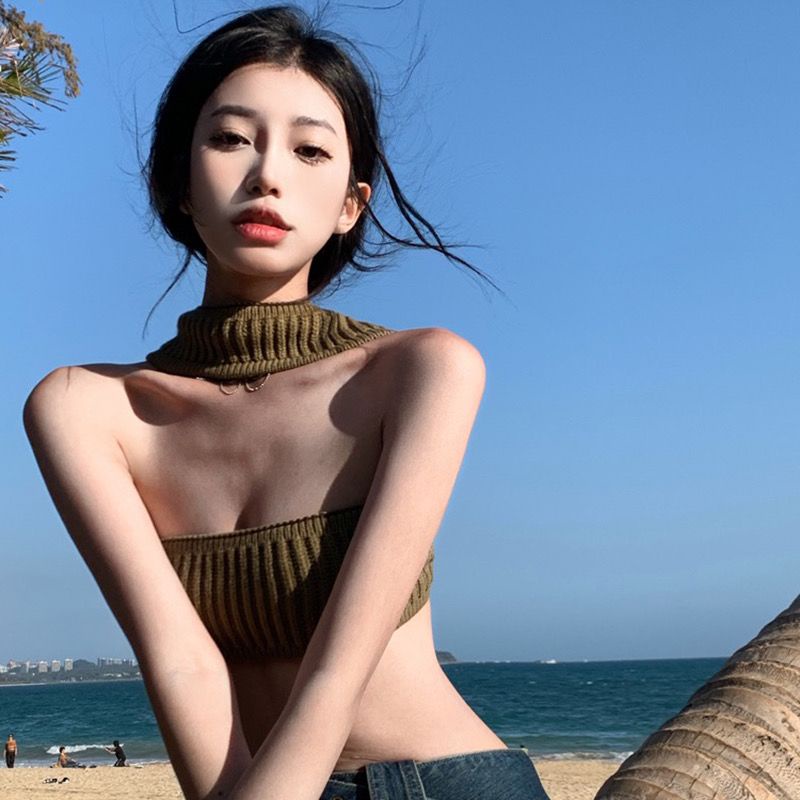 ☈Eropa dan Amerika In Tide Hot Girls Menggantung Leher Tube Top Kamisol Rompi Kecil Wanita Musim Panas Pendek Gaya Di Dalam dan Di Luar Memakai Kemeja Top