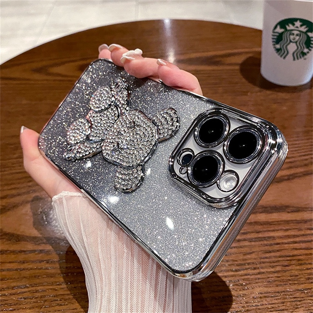 Luxury Diamond Bear shockproof case iPhone 14 Pro Max case iPhone 13 12 11 Pro Max14 Plus Proteksi Kamera aesthetic Full case Berlapis Tertutup