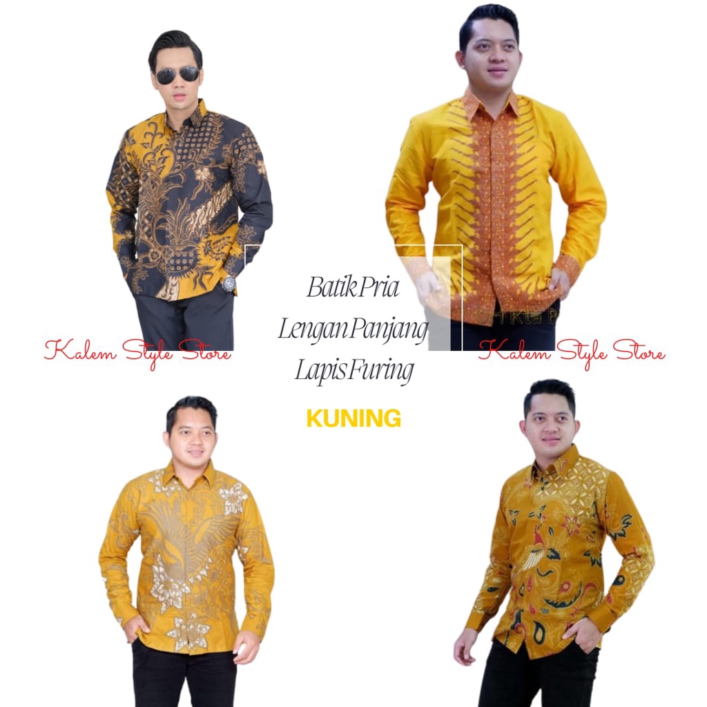 Kemeja Batik Pria Lengan Panjang Lapis Furing Warna Kuning Hem Atasan Cowok Bahan Katun Baju Kerja Size M L XL XXL