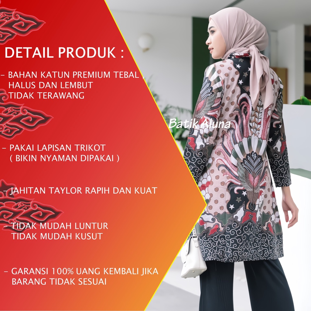 Baju Batik Wanita Tunik Lengan Panjang Katun Lapis Trikot Premium Modern Original Batik Kerja Kantor Kondangan Size M L XL XXL 005