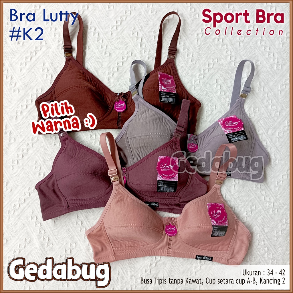 Bra Sport LUTTY K2 | BH wanita busa tipis tanpa kawat Kancing 2 Bisa Pilih Warna  | Gedabug
