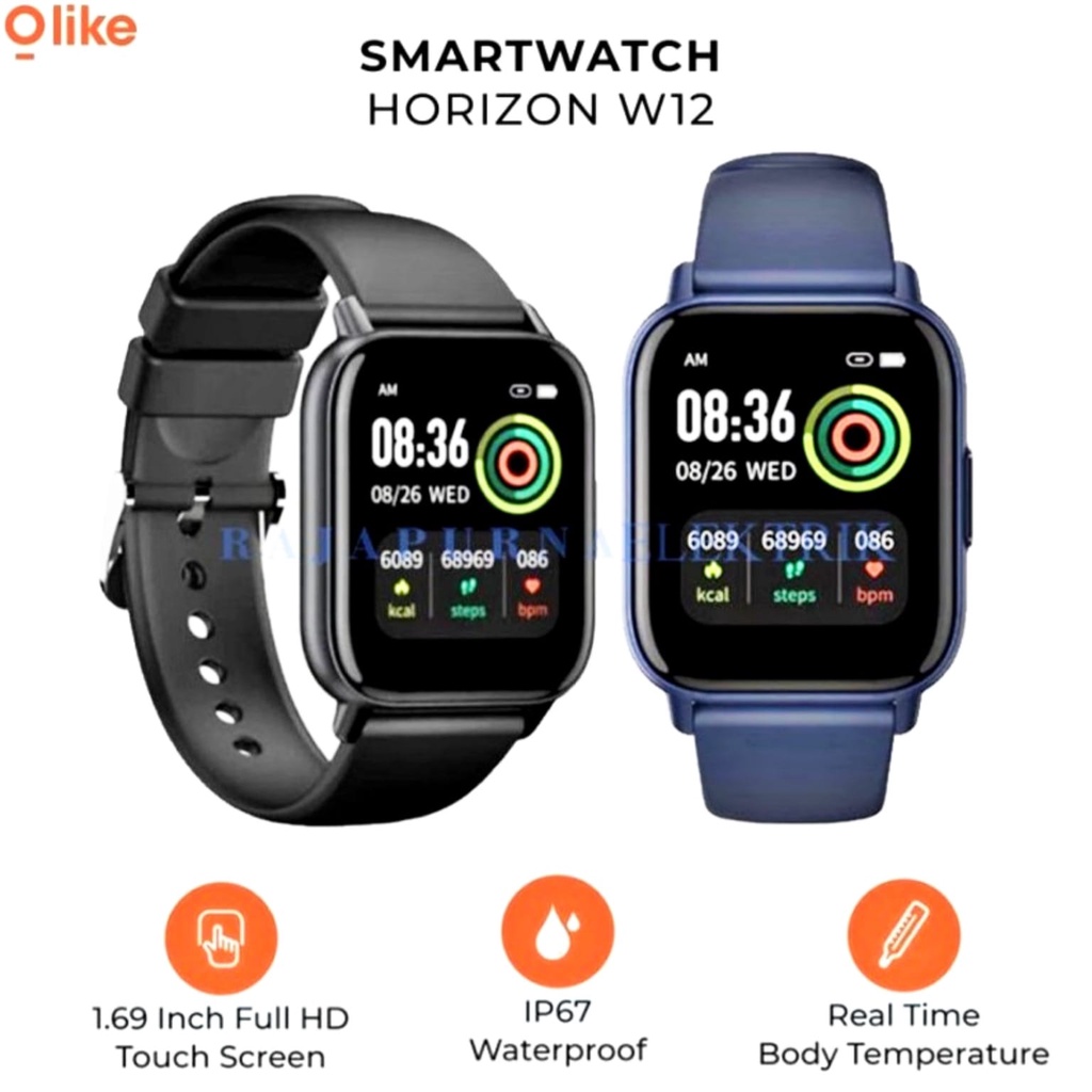 Olike Smartwatch Horizon W12 HD Full Touch Screen Real Time temperature IP67 20 Days Stand By Time IWatch Jam tangan pintar Smart Watch anak kecil