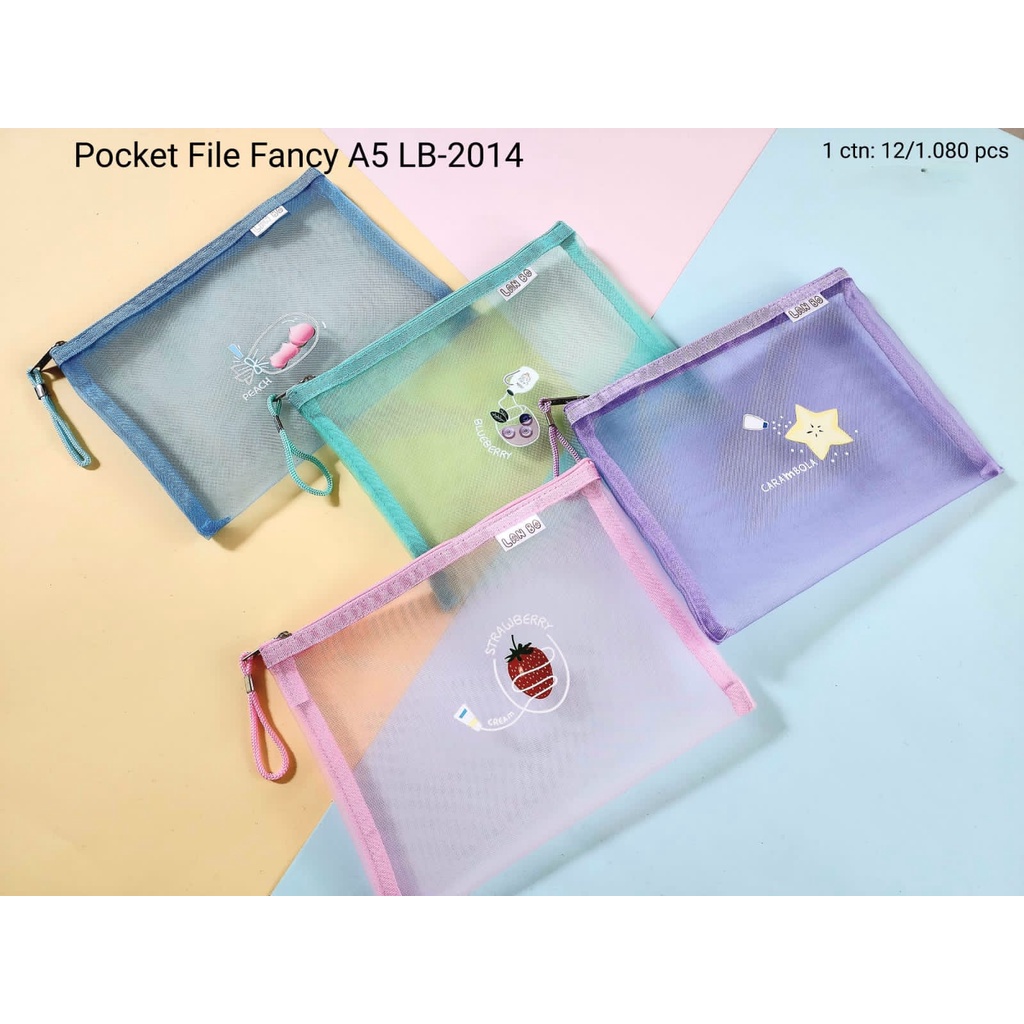 ZIPPER POCKET MAP JARING SLETING A5 WARNA LUCU ZIP BAG SERBAGUNA DOMPET KOSMETIK LB-2014
