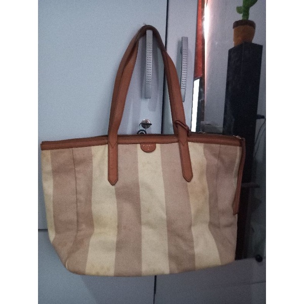 FOSSIL AUTHENTIC Sydney Shopper Neutral Stripe Canvas Tote Bag