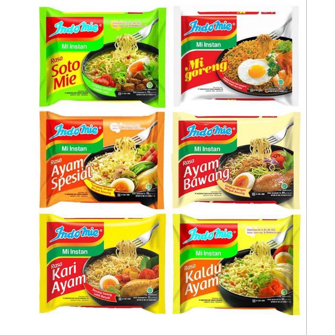 

Indomie Mie Instan / Indomie Goreng / Indomie Kuah / Indomie Soto / Indomie Ayam