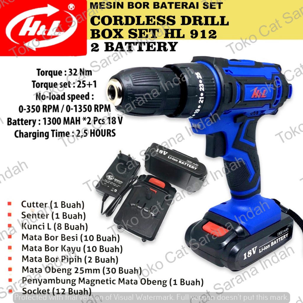 H&L HL 912 MESIN BOR BATERAI CAS SET DAPAT 2 BATERAI 18V HNL CORDLESS DRILL BOX SET HL912 BOR TANPA 