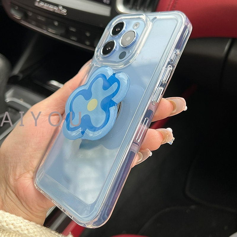 IPHONE Casing Hard Case Bening Tahan Guncangan Mewah Untuk Iphone13 14 12 Pro Max11 X XR XS 7 8 Plus Pelindung Lensa Kamera Transparan Soft Cover+Phone Holder Bunga Biru