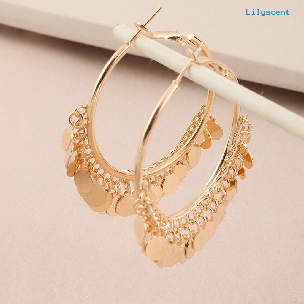 [LS] 1pasang Anting Hoop Paduan Warna Solid Bulat Rumbai Sequin Club Earrings Perhiasan Pesta