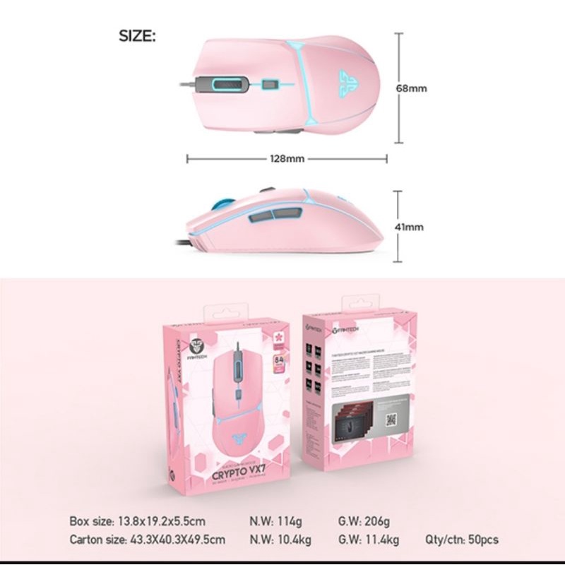 Fantech CRYPTO VX7 Mouse Gaming Macro Pink, Hitam, Putih