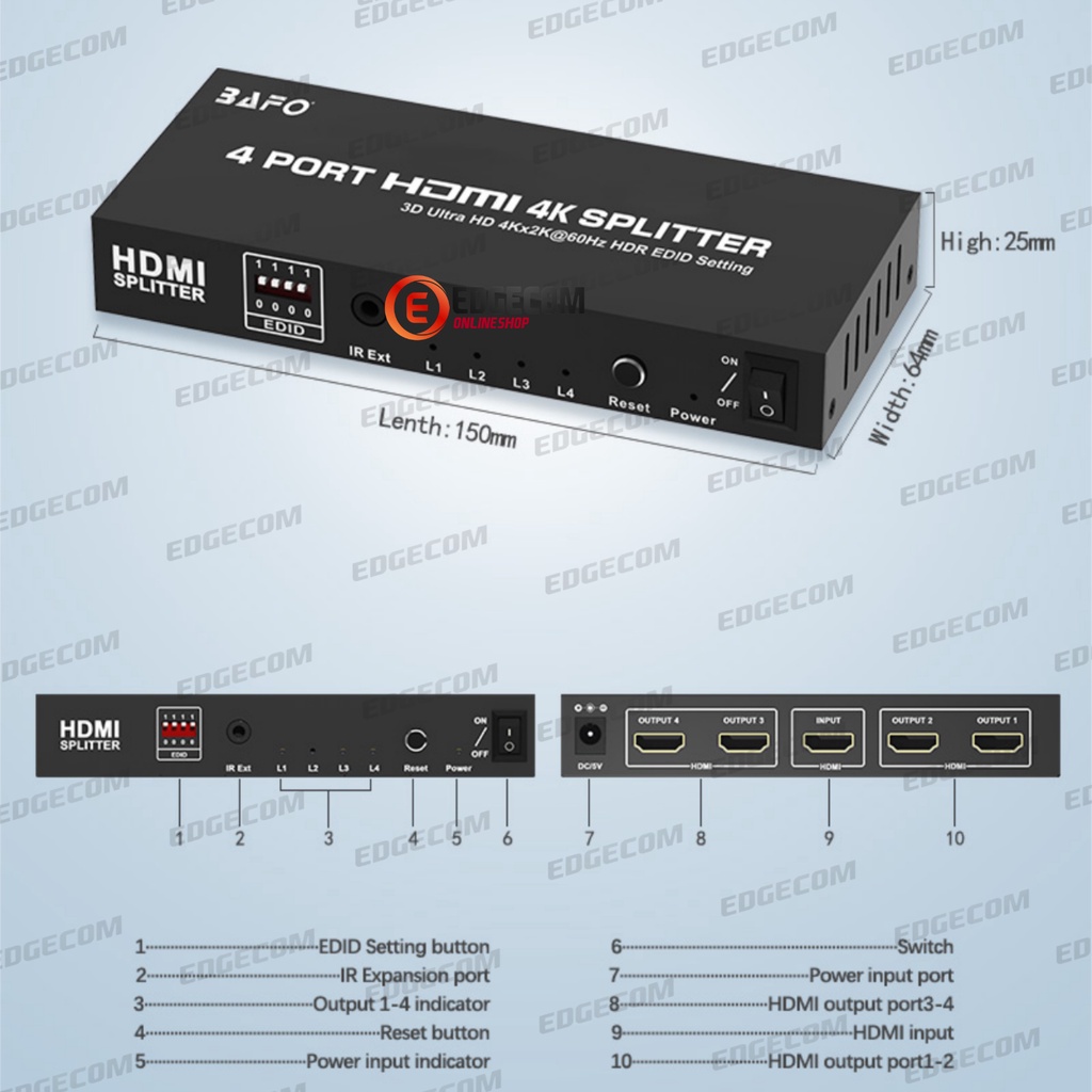 BAFO HDMI SPLITTER 4 PORT Support 4K UHD ORIGINAL BAFO