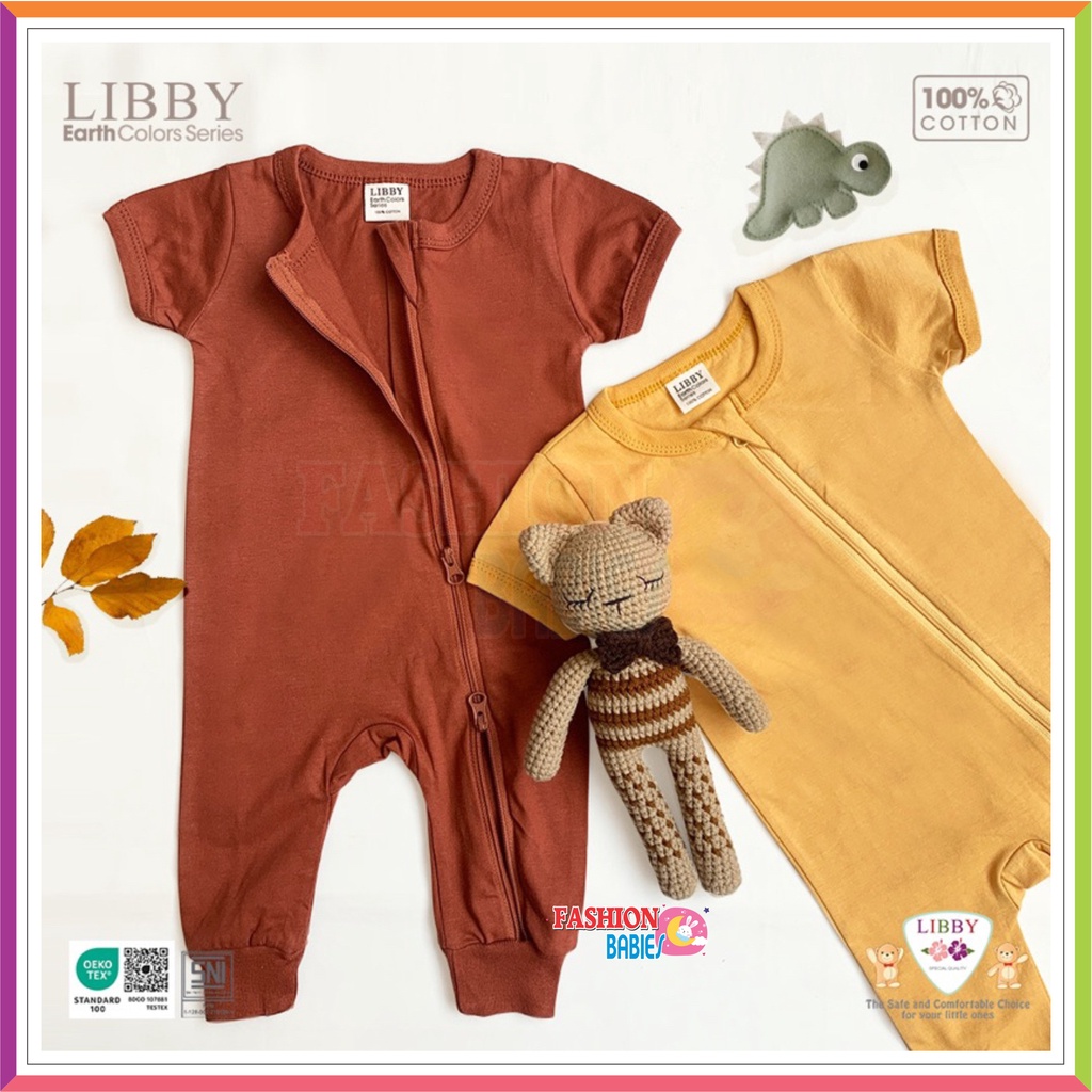 LIBBY ZIPPY SUIT EARTH COLOUR | ZIPPER JUMPSUIT LENGAN PENDEK 0-12 BULAN