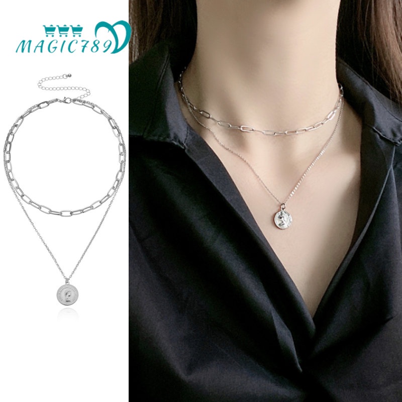 Magic789 Vintage Perak Double Layer Queen Potret Liontin Kalung Untuk Wanita Chic Link Rantai Choker Koin Pesona Kalung Fashion Perhiasan Hadiah