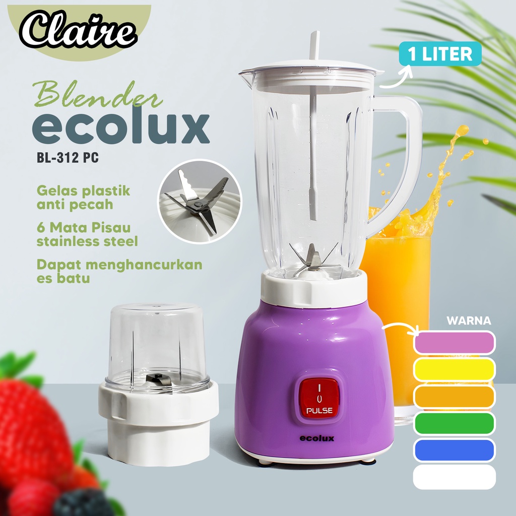 Blender ECOLUX BL - 312 PC / 6 Mata Pisau / Dry Mill / GELAS ANTI PECAH  /190 Watt