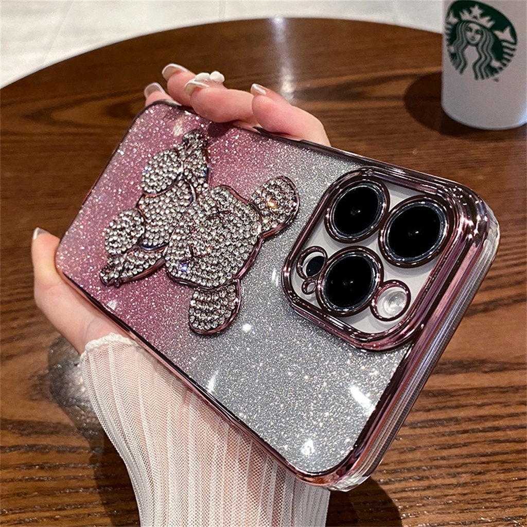 Luxury Diamond Bear shockproof case iPhone 14 Pro Max case iPhone 13 12 11 Pro Max14 Plus Proteksi Kamera aesthetic Full case Berlapis Tertutup