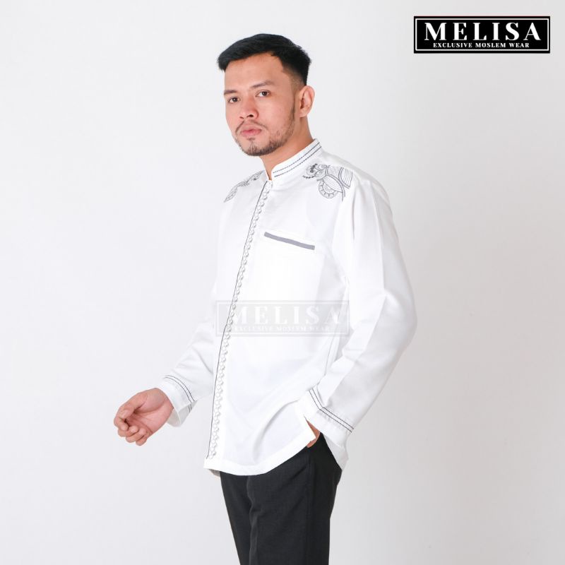 Baju Koko Pria Dewasa Lengan Panjang Bahan Poli Katun Warna Putih Tulang Motip Bordir