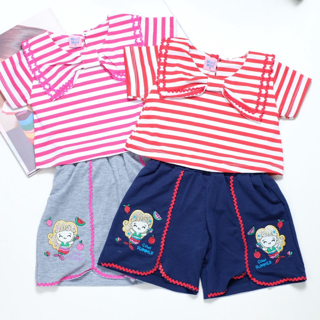 Setelan Ellen uk 1-9 Tahun / Set Anak Perempuan Kaos Salur Kualitas Import Korean Style Baju Anak Cewek Kiosbalitaaprillia