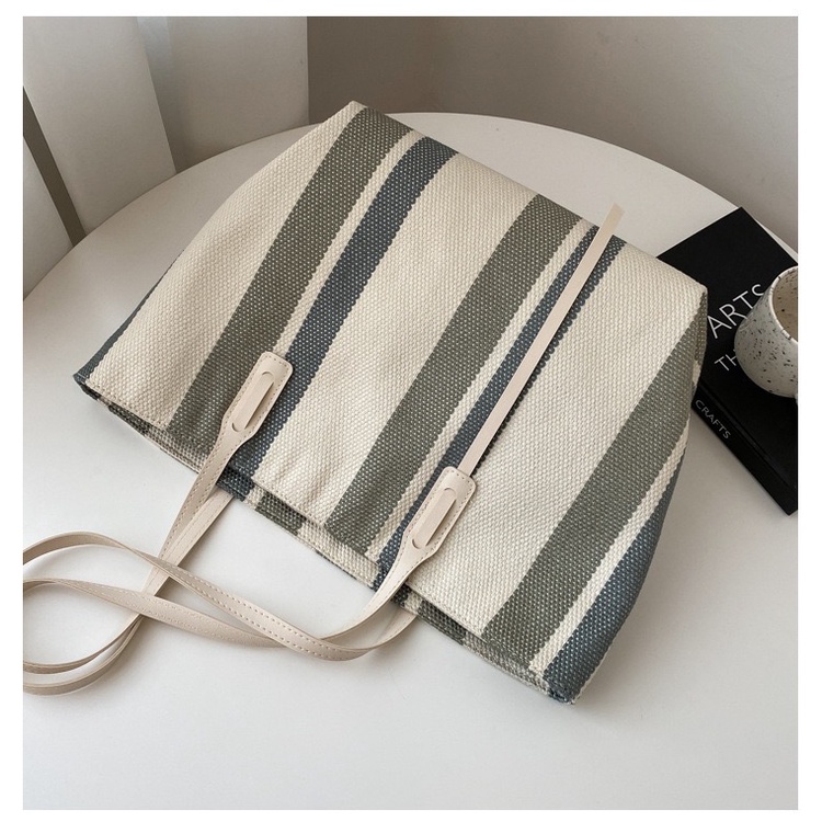 NAOMI - Rossalie Shoulder Bag Wanita Import Motif Garis Cantik - Tote Bag Canvas Premium - Tas Wanita Impor Big Size - Tas Kerja Kuliah - Tas Wanita - Tas Naomi - Naomi Bag - kantong belanja - shopping bag - tas supermaket