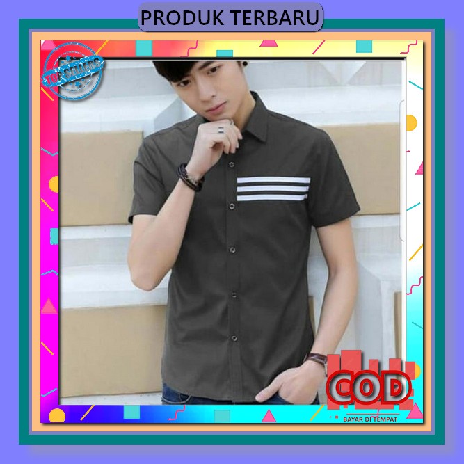 Kemeja Baju Hem Atasan Pakaian Pria Laki Laki Lengan Pendek Rayon Cotton Slimfit Melar Pas Badan Mot