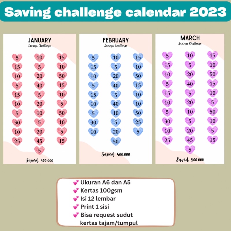 

(PAKET) TANTANGAN MENABUNG KALENDER - SAVING CHALLENGE CALENDAR 2023