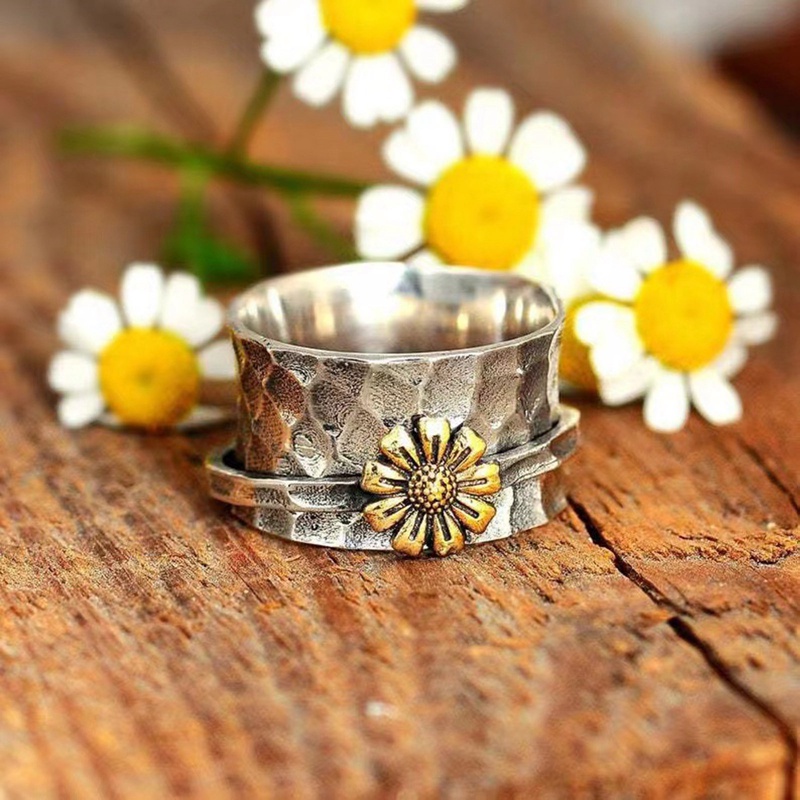 Spinner Ring Rotate Fidget Anti Anxiety Cincin Bunga Matahari Daisy Vintage Lucu Untuk Wanita Perempuan