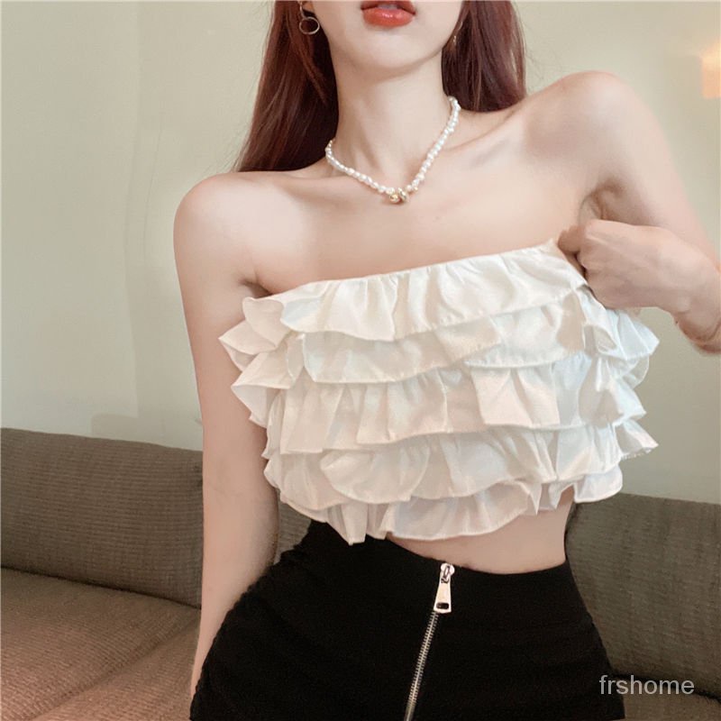 French ruffle smocked tank top kecil atasan musim panas wanita dressy atasan musim panas mengacak-ac