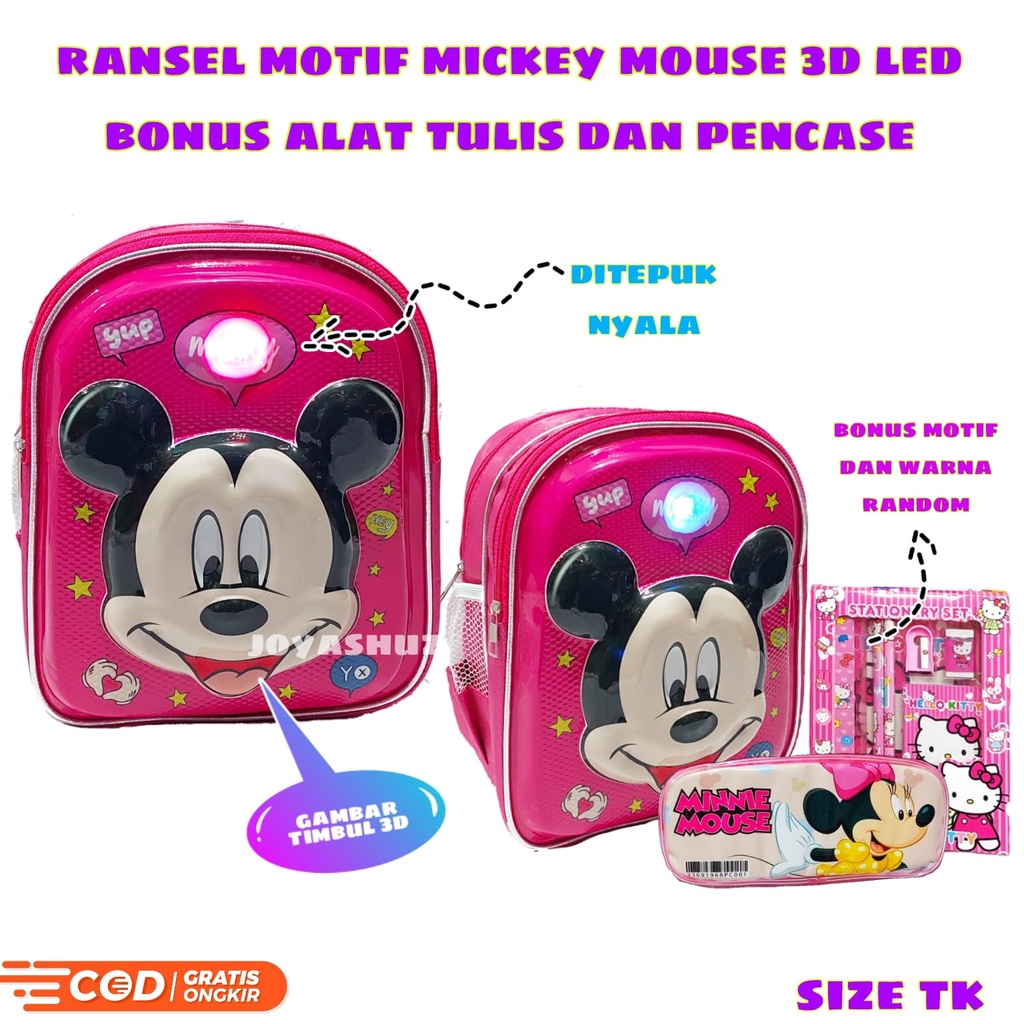 Ransel Anak Sekolah Perempuan Karakter Mickey - Tas Anak 3D Mickey Gemas - Ransel Lucu - Tas Gratis Bonus - Ransel Gratis Botol