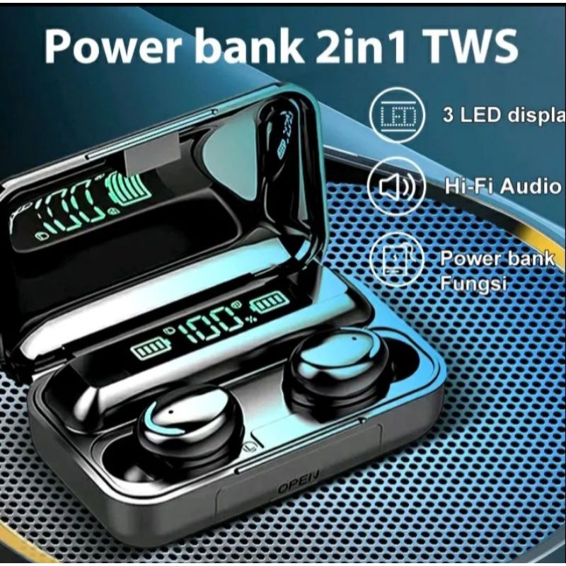 HEADSET BLUETOOTH WIRELESS TWS F9-5 LED + POWER BANK 3500 mAh