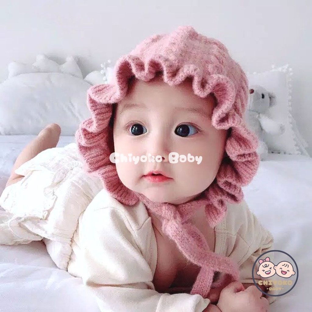 Topi Kupluk Bayi Bonet Bonnet Ruffle hat baby girl perempuan Rajut / Topi Rajut Bonnet Baby Girl Premium Chiyoko Baby
