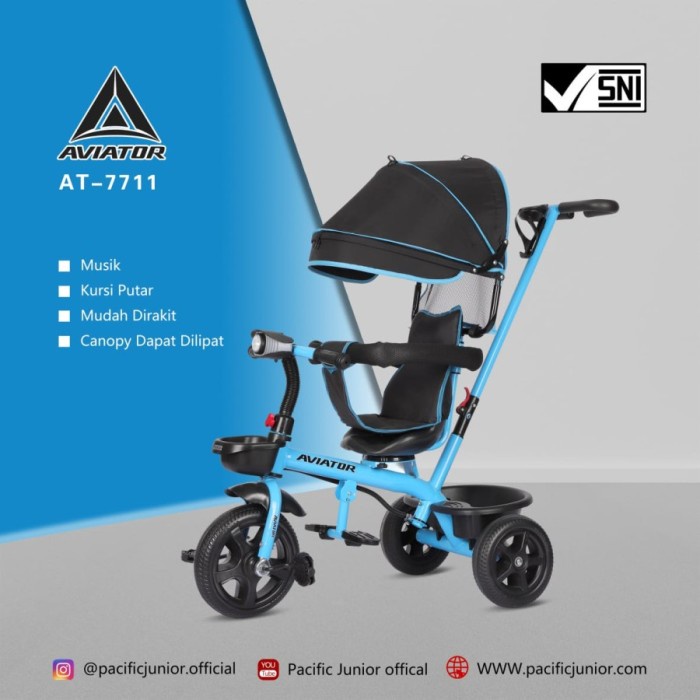 Unik Baby stroller aviator 7711 AT7711 dorongan sepeda anak roda tiga 3 - Biru Diskon
