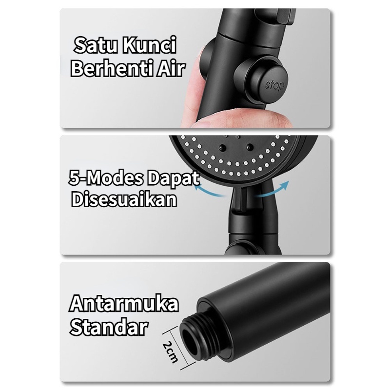 【COD】 Hand Shower Hitam 5 Mode Tekanan Tinggi Mandi Kepala SPA Nozzle Aksesoris Pancuran Pancuran Genggam Hemat Air Penyemprot Shower Kamar Mandi